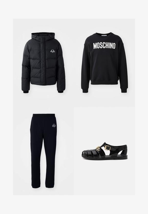 Chaqueta de plumas negra con capucha, que presenta un diseño acolchado, puños elásticos y un logo en el pecho. Fabricada con un material suave y resistente al agua.; Sudadera negra hecha de una tela suave con cuello redondo y puños acanalados. Logotipo prominente en blanco "MOSCHINO" en la parte frontal.; Pantalones de chándal negros, hechos de una tela suave con una cintura elástica, que cuentan con bolsillos laterales y un pequeño diseño bordado en la pierna izquierda.; Sandalias de goma negras con diseño perforado, que cuentan con un cierre de hebilla dorada y una plantilla texturizada. Logo estampado en el talón.