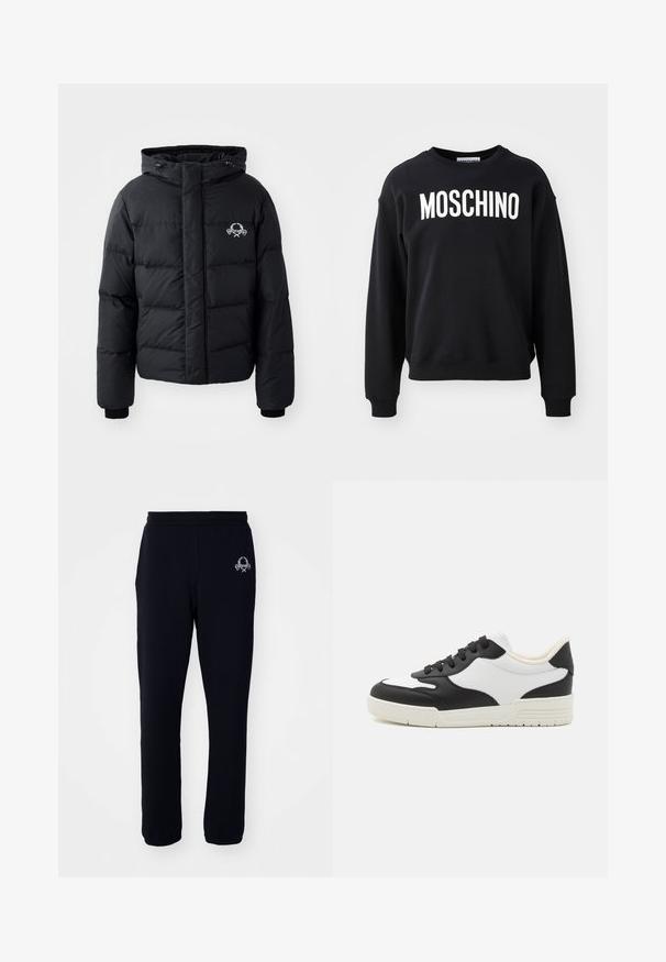 Schwarze Puffjacke mit Kapuze, ausgestattet mit einem gesteppten Design, elastischen Bündchen und einem Brustlogo. Hergestellt aus einem glatten, wasserabweisenden Material.; Schwarzer Sweatshirt aus weichem Stoff mit Rundhalsausschnitt und gerippten Bündchen. Auffälliges weißes "MOSCHINO"-Logo auf der Vorderseite.; Schwarze Sweatpants aus einem weichen Stoff mit elastischem Bund, versehen mit Seitentaschen und einem kleinen gestickten Design am linken Bein.; Schwarz-weißer Sneaker mit einem glatten Lederoberteil, runder Zehenform und flacher Gummisohle. Verfügt über schwarze Schnürsenkel und eine weiche Innenauskleidung.