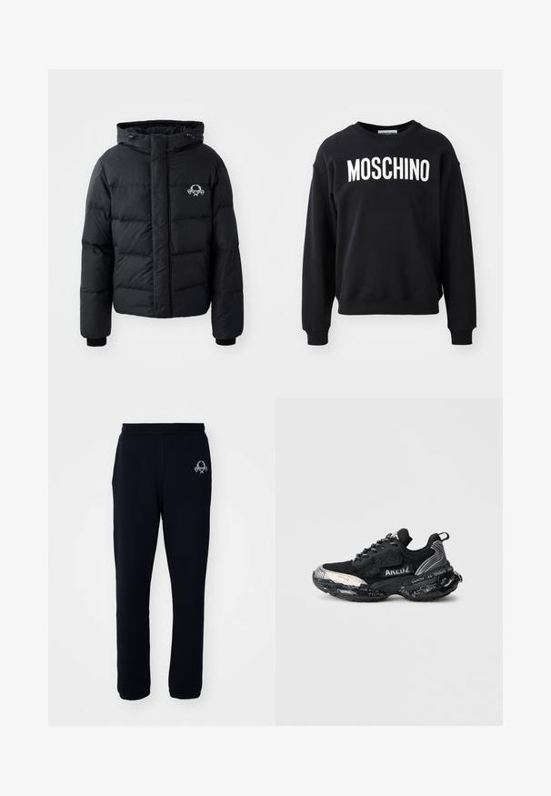 Black puffer jacket with a hood, featuring a quilted design, elastic cuffs, and a chest logo. Made of a smooth, water-resistant material.; Black sweatshirt made from soft fabric featuring a round neckline and ribbed cuffs. Prominent white "MOSCHINO" logo across the front.; Black sweatpants made of a soft fabric with an elastic waistband, featuring side pockets and a small embroidered design on the left leg.; Black athletic sneaker with a mesh upper, textured accents, and contrasting white rubber sole. Features handwritten details on the sole.