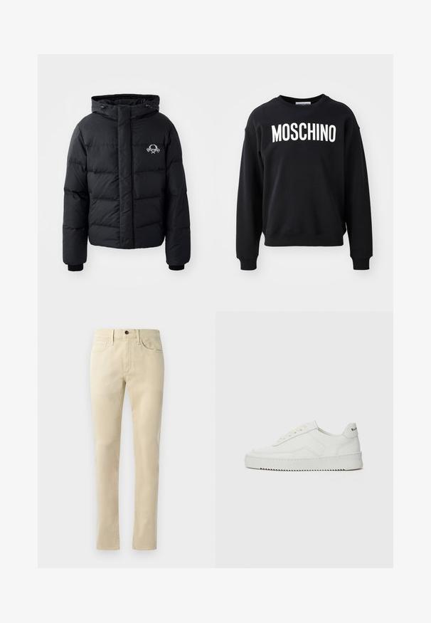 Black puffer jacket with a hood, featuring a quilted design, elastic cuffs, and a chest logo. Made of a smooth, water-resistant material.; Black sweatshirt made from soft fabric featuring a round neckline and ribbed cuffs. Prominent white "MOSCHINO" logo across the front.; Beige straight-leg trousers made from cotton blend. Features five-pocket design, belt loops, and a black button fastening at the waist.; White leather sneaker with a smooth finish, round toe, flat laces, and a textured sole. Features a subtle logo on the heel.