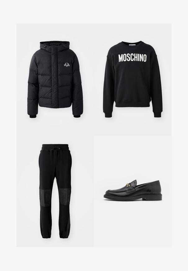 Μαύρο μπουφάν με κουκούλα, με καπιτονέ σχέδιο, ελαστικούς καρπούς και λογότυπο στο στήθος. Κατασκευασμένο από απαλό, αδιάβροχο υλικό.; Μαύρο φούτερ από μαλακό ύφασμα με στρογγυλή λαιμόκοψη και ριμπ μανσέτες. Εντυπωσιακό λευκό λογότυπο "MOSCHINO" μπροστά.; Μαύρα αθλητικά παντελόνια με ριγέ λάστιχο στη μέση, κορδόνι και ελαστικές μανσέτες. Διαθέτουν γυαλιστερές μαύρες επιφάνειες στους μηρούς με ανάγλυφο κείμενο.; Μαύρες δερμάτινες loafers με στρογγυλή μύτη, διακοσμημένες με χρυσά αξεσουάρ και λεπτομέρειες ραφής, τοποθετημένες σε χαμηλή, υφασμάτινη ελαστική σόλα.