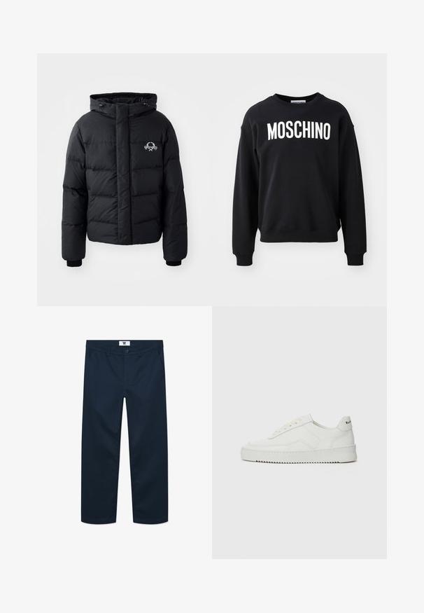 Giacca a vento nera con cappuccio, caratterizzata da un design trapuntato, polsini elastici e un logo sul petto. Realizzata in un materiale liscio e resistente all'acqua.; Felpa nera realizzata in tessuto morbido con collo rotondo e polsini a costine. Logo bianco "MOSCHINO" in evidenza sul davanti.; Chino in cotone blu navy con taglio dritto, caratterizzati da chiusura frontale con bottone, due tasche laterali e design minimalista.; Sneaker in pelle bianca con una finitura liscia, punta rotonda, lacci piatti e suola testurizzata. Presenta un logo discreto sul tallone.