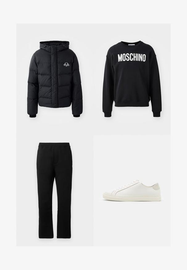 Black puffer jacket with a hood, featuring a quilted design, elastic cuffs, and a chest logo. Made of a smooth, water-resistant material.; Black sweatshirt made from soft fabric featuring a round neckline and ribbed cuffs. Prominent white "MOSCHINO" logo across the front.; Black sweatpants with a smooth texture, elastic waistband, and two side pockets. Straight-leg design with a clean finish.; White leather sneaker with a smooth surface, round toe, and minimalistic design. Features beige accents on the heel and a rubber sole.