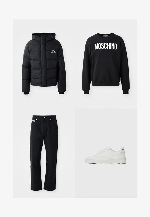 Must väljakutsete sätetele lõhelise disainiga must puhvrjakker, kapuutsiga, elastsete mansettidega ja rinnal logo. Valmistatud siledast, veekindlast materjalist.; Mustast sweatshirt pehmest kangast, ümar kaelus ja soonikud varrukkates. Ees silmatorkav valge "MOSCHINO" logo.; Mustad puuvillased püksid sirge jala disainiga, viie taskuga, hõbedaste detailidega ja sütitava tekstuuriga viimistlusega.; Valge nahast tennis, millel on sile põhi, ümar varvas, lamedad nöörid ja tekstuuriline tall. Sisaldab diskreetset logo kontsaribal.