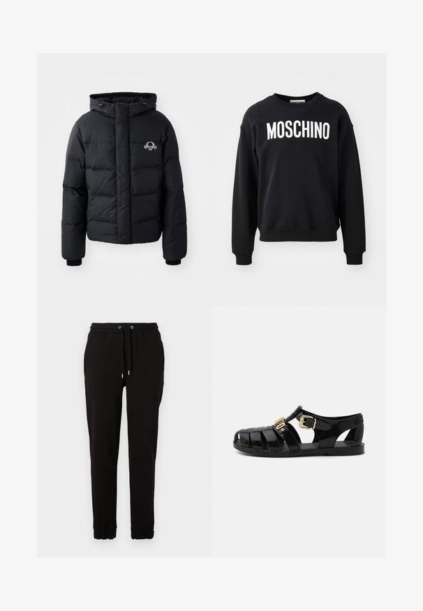 Czarna kurtka puchowa z kapturem, z pikowanym wzorem, elastycznymi mankietami i logo na piersi. Wykonana z gładkiego, wodoodpornego materiału.; Czarny sweatshirt wykonany z miękkiego materiału, z okrągłym dekoltem i ribbowymi mankietami. Wyraźne białe logo "MOSCHINO" na przodzie.; Czarne dresy z miękkiego materiału, z elastycznym pasem w talii z sznurkiem, bocznymi kieszeniami i ściągaczami przy kostkach.; Czarne gumowe sandały z wycięciami, z zapięciem na złotą klamrę i teksturowaną wkładką. Wytłoczone logo na pięcie.