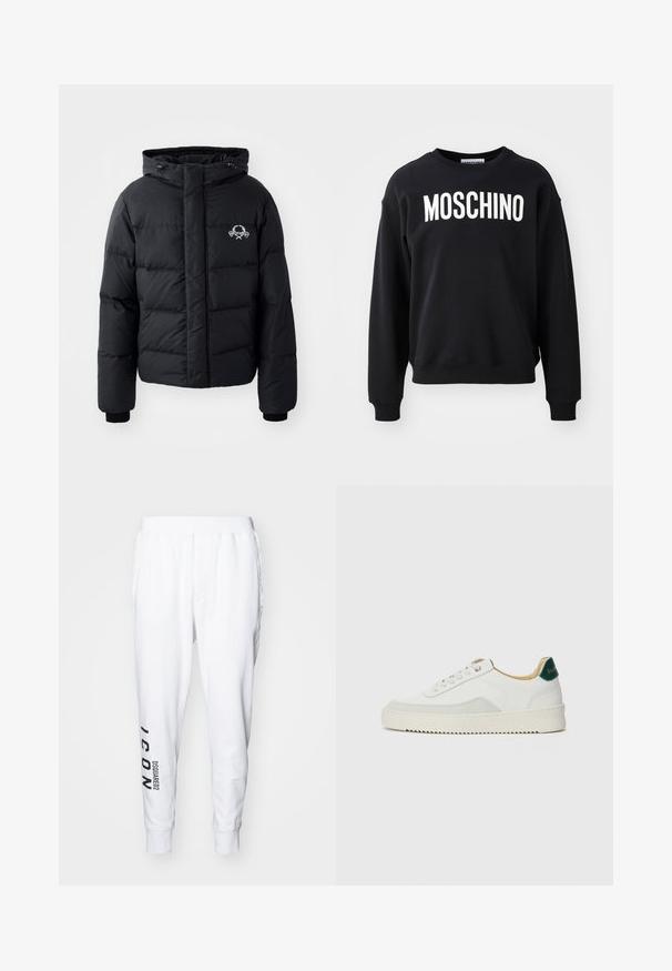 Sort pufferjakke med hætte, med et quiltet design, elastiske manchetter og et brystlogo. Lavet af et glat, vandafvisende materiale.; Sort sweatshirt lavet af blødt stof med rund halsudskæring og ribstrikkede manchetter. Fremtrædende hvid "MOSCHINO" logo tværs over forsiden.; Hvide sweatpants lavet af blødt bomuld. Har en tætsiddende pasform, elastisk talje, sidelommer og et trykt "ICON DSQUARED2" logo på siden.; Hvide sneakers med ruskindsdetaljer, rund tå, flade snørebånd og en cremet gummisål. Har grøn branding på hælen.