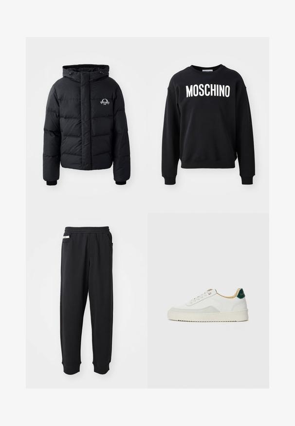 Juodas pūkinis švarkas su gobtuvu, pasižymintis siuvinėtu raštu, elastingais rankogaliais ir logotipu krūtinėje. Pagamintas iš lygios, vandeniui atsparios medžiagos.; Juodas džemperis, pagamintas iš minkštos medžiagos, su apvaliu iškirpimu ir gipiūrinėmis rankovėmis. Ryškus baltas „MOSCHINO“ logotipas ant priekio.; Juodi sportiniai kelnės, pagamintos iš minkštos medžiagos, su elastinga juosta, šoniniais kišenėmis ir suribotais užbaigimais ties kulkšnimis. Minimalistinis dizainas.; Baltos sportbačiai su zomšos akcentais, apvaliu nosiu, plokščiais raišteliais ir kreminės spalvos guminiu padu. Ant kulno yra žalia ženklinimo detalė.