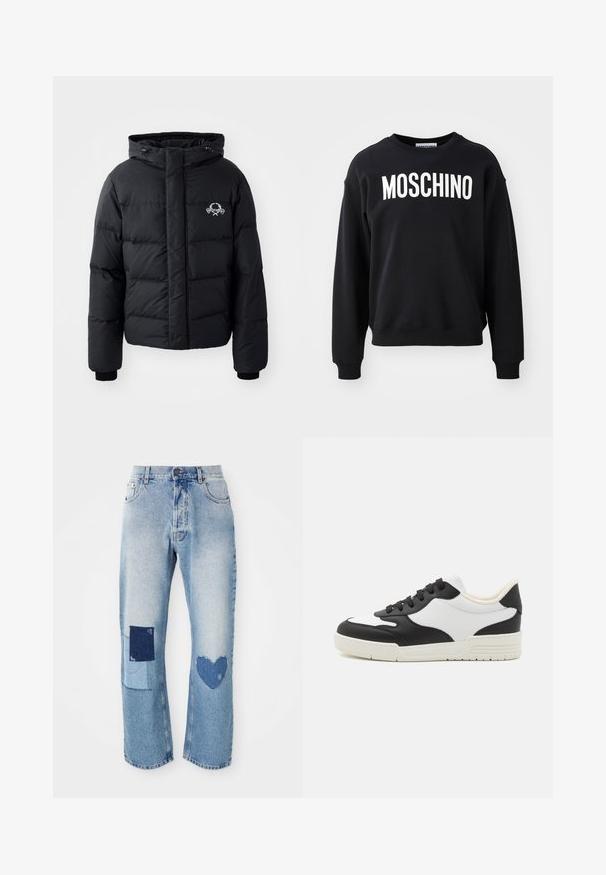 Chaqueta de plumas negra con capucha, que presenta un diseño acolchado, puños elásticos y un logo en el pecho. Fabricada con un material suave y resistente al agua.; Sudadera negra hecha de una tela suave con cuello redondo y puños acanalados. Logotipo prominente en blanco "MOSCHINO" en la parte frontal.; Jeans de mezclilla azul claro con corte recto, que cuentan con dos detalles de parches: un cuadrado y un corazón, ambos en tonos de mezclilla más oscuros.; Zapatilla en blanco y negro con un upper de cuero suave, puntera redondeada y suela de goma plana. Presenta cordones negros y un forro interno suave.