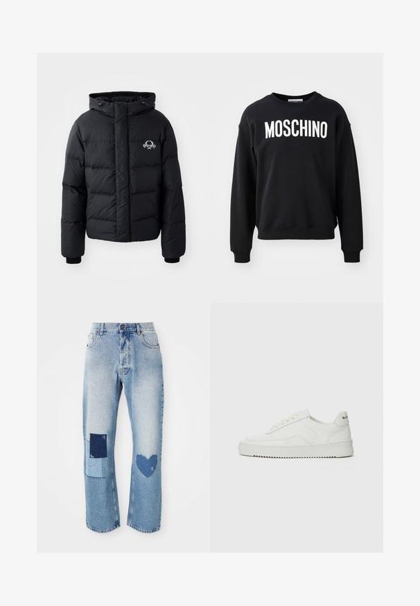 Black puffer jacket with a hood, featuring a quilted design, elastic cuffs, and a chest logo. Made of a smooth, water-resistant material.; Black sweatshirt made from soft fabric featuring a round neckline and ribbed cuffs. Prominent white "MOSCHINO" logo across the front.; Light blue denim jeans with a straight cut, featuring two patch details: a square and a heart, both in darker denim tones.; White leather sneaker with a smooth finish, round toe, flat laces, and a textured sole. Features a subtle logo on the heel.