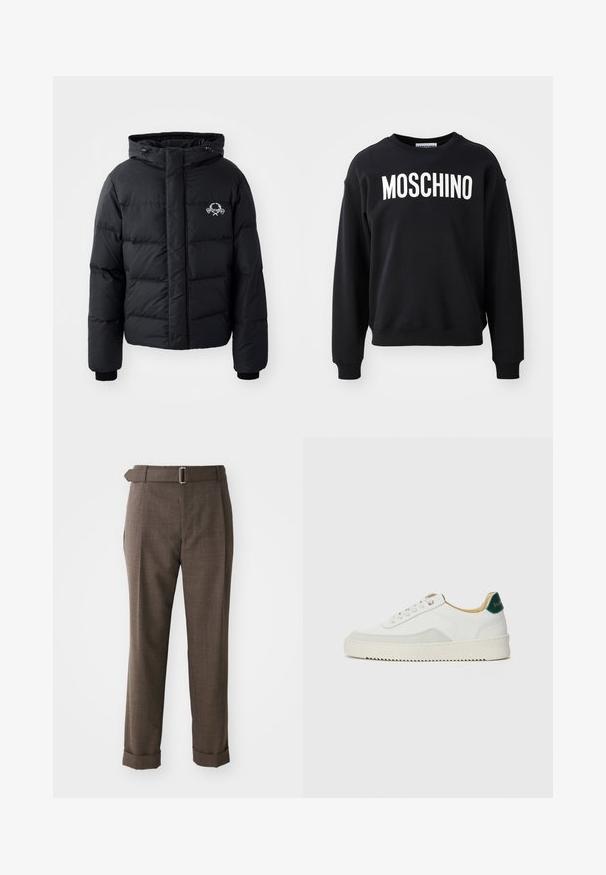 Černá péřová bunda s kapucí, s prošívaným vzorem, elastickými manžetami a logem na hrudi. Vyrobena z hladkého, vodoodpudivého materiálu.; Černá mikina vyrobená z měkkého materiálu, s kulatým výstřihem a žebrovanými manžetami. Výrazné bílé logo "MOSCHINO" na přední straně.; Hnědé kalhoty na míru z texturované látky, s páskem a ohrnutými manžetami. Design zahrnuje rovný přední díl a boční kapsy.; Bílé tenisky se semišovými prvky, kulatou špičkou, plochými tkaničkami a krémovou gumovou podrážkou. Na patě mají zelené logo.