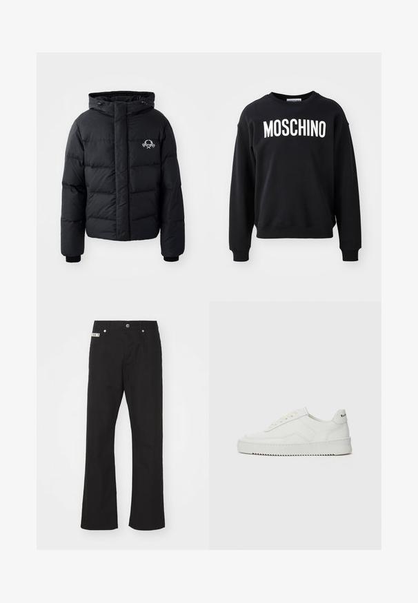 Juodas pūkinis švarkas su gobtuvu, pasižymintis siuvinėtu raštu, elastingais rankogaliais ir logotipu krūtinėje. Pagamintas iš lygios, vandeniui atsparios medžiagos.; Juodas džemperis, pagamintas iš minkštos medžiagos, su apvaliu iškirpimu ir gipiūrinėmis rankovėmis. Ryškus baltas „MOSCHINO“ logotipas ant priekio.; Juodos medvilnės kelnės su tiesiomis kojomis, su priekine mygtukų uždarymo sistema, dviem šoninėmis kišenėmis ir maža prekės ženklo etikete ant liemens.; Balti odiniai sportiniai bateliai su lygia apdaila, apvaliu pirštu, plokščiais raišteliais ir tekstūruotu padu. Pasižymi subtiliu logotipu ant kulno.