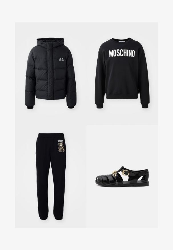 Juodas pūkinis švarkas su gobtuvu, pasižymintis siuvinėtu raštu, elastingais rankogaliais ir logotipu krūtinėje. Pagamintas iš lygios, vandeniui atsparios medžiagos.; Juodas džemperis, pagamintas iš minkštos medžiagos, su apvaliu iškirpimu ir gipiūrinėmis rankovėmis. Ryškus baltas „MOSCHINO“ logotipas ant priekio.; Juodos medvilninės sportinės kelnės su elastiniu juosmeniu, ant šono turinčios meškinuko grafiką ir užrašą "MOSCHINO".; Juodos gumos šlepetės su išpjovų dizainu, su auksine sagtimi ir tekstūruota padu. Ant kulno atspaustas logotipas.