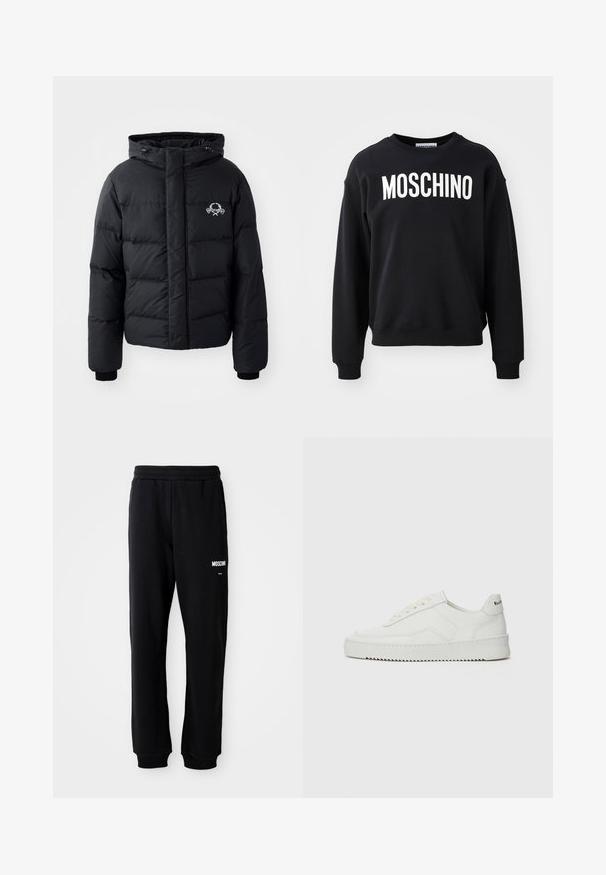 Fekete puffdzseki kapucnival, steppelt kialakítással, rugalmas mandzsettákkal és mellkasi logóval. Simább, vízálló anyagból készült.; Fekete pulóver puha anyagból, kerek nyakkivágással és bordázott mandzsettákkal. Jelentős fehér "MOSCHINO" felirattal az elülső részén.; Fekete, laza szabású sportnadrág, puha anyagból készült. Rugalmas derékkal és fehér "Moschino" logóval rendelkezik a bal combon.; Fehér bőr sportcipő sima felülettel, kerek orral, lapos fűzőkkel és texturált talppal. Finom logó található a sarokon.