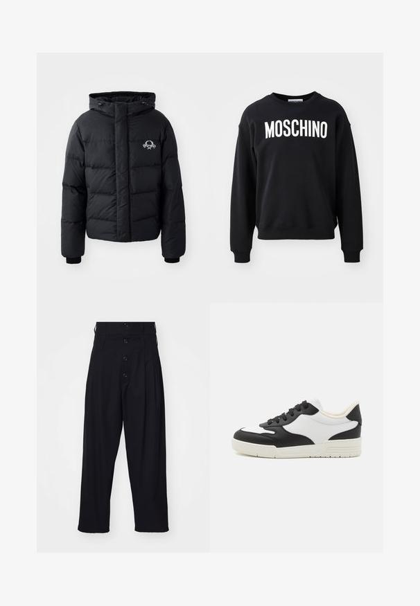 Černá péřová bunda s kapucí, s prošívaným vzorem, elastickými manžetami a logem na hrudi. Vyrobena z hladkého, vodoodpudivého materiálu.; Černá mikina vyrobená z měkkého materiálu, s kulatým výstřihem a žebrovanými manžetami. Výrazné bílé logo "MOSCHINO" na přední straně.; Černé kalhoty s vysokým pasem, nařaseným předním dílem a zapínáním na pět knoflíků. Hladká textura a široký, zkrácený střih nohavic.; Černobílé tenisky s hladkým koženým svrškem, zaoblenou špičkou a plochou gumovou podrážkou. Mají černé šněrování a měkkou vnitřní podšívku.