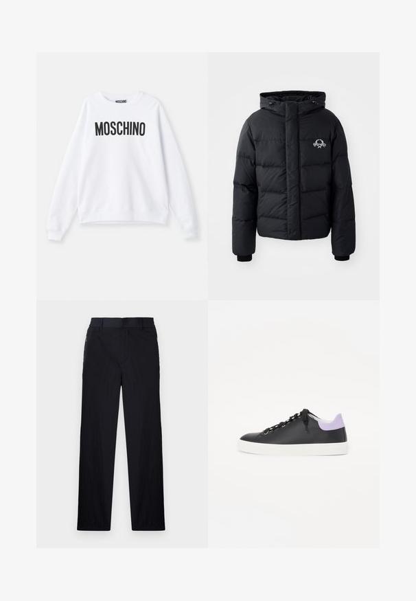 Giacca a vento nera con cappuccio, caratterizzata da un design trapuntato, polsini elastici e un logo sul petto. Realizzata in un materiale liscio e resistente all'acqua.; Felpa bianca realizzata in tessuto morbido, con collo rotondo, maniche lunghe e un grande logo nero "MOSCHINO" stampato sul davanti.; Pantaloni neri realizzati in un tessuto leggero e strutturato, con taglio dritto, vita elasticizzata e tasche laterali con zip.; Sneaker in pelle nera con suola in gomma bianca, caratterizzata da lacci neri, occhielli in argento e un accento viola chiaro nel tallone.