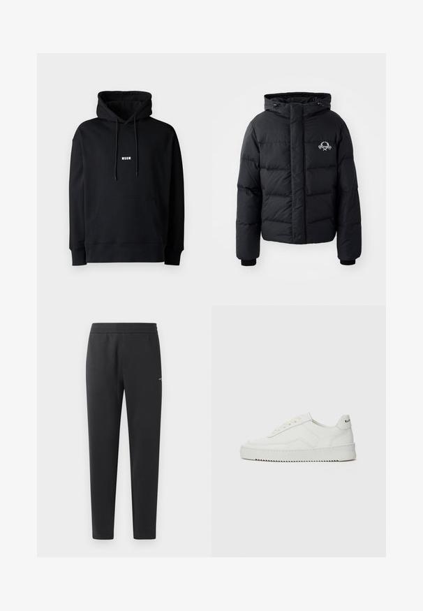 Black puffer jacket with a hood, featuring a quilted design, elastic cuffs, and a chest logo. Made of a smooth, water-resistant material.; Black hoodie with a drawstring hood, front pouch pocket, ribbed cuffs and hem, featuring a small white "MSGM" logo on the chest.; Black jogger pants made of soft fabric, featuring an elastic waistband, straight legs, and a single small logo detail on the side.; White leather sneaker with a smooth finish, round toe, flat laces, and a textured sole. Features a subtle logo on the heel.