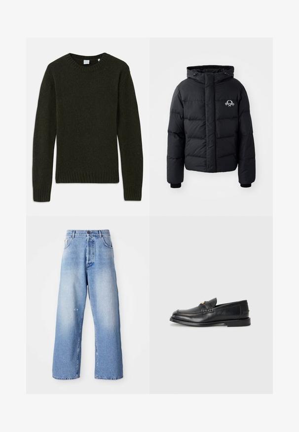 Zwarte pufferjack met een capuchon, voorzien van een gewatteerd ontwerp, elastische manchetten en een logo op de borst. Gemaakt van een glad, waterafstotend materiaal.; Donkergroene gebreide trui met een ronde halslijn, geribde manchet en zoom. Zachte textuur, lange mouwen en een eenvoudig ontwerp zonder patronen.; Lichtblauwe denim wijdvallende jeans met een vervaagd uiterlijk, met knoopsluiting, riemlussen en lichte slijtage bij de knie.; Zwarte leren instappers met een ronde neus, gestikte details en een kleine gouden accent aan de voorkant. De zool is plat en discreet.