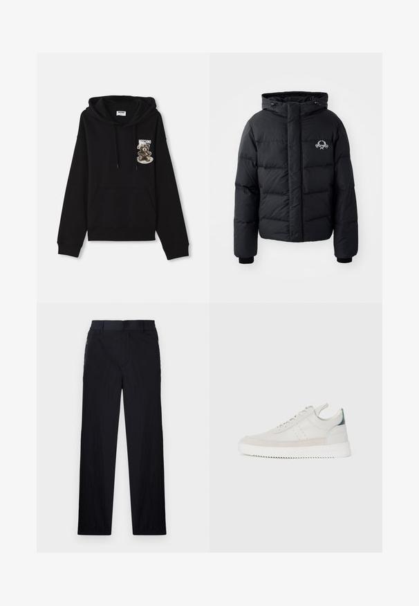Zwarte pufferjack met een capuchon, voorzien van een gewatteerd ontwerp, elastische manchetten en een logo op de borst. Gemaakt van een glad, waterafstotend materiaal.; Zwarte hoodie met een voorkeurszak, trekkoorden en een grafisch ontwerp van een beer op een bord met de merknaam "Moschino."; Zwarte broek van een lichtgewicht, gestructureerde stof, met een recht model, elastische Tailleband en zijzakken met rits.; Witte leren sneakers met grijze suède accenten, vetersluiting, een trekhaak en een gestructureerde rubberen zool met een zigzagpatroon.