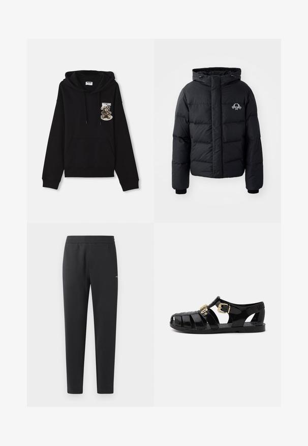 Black puffer jacket with a hood, featuring a quilted design, elastic cuffs, and a chest logo. Made of a smooth, water-resistant material.; Black hooded sweatshirt featuring a front pocket, drawstrings, and a graphic design of a bear on a plate with the brand name "Moschino."; Black jogger pants made of soft fabric, featuring an elastic waistband, straight legs, and a single small logo detail on the side.; Black rubber sandals with cut-out design, featuring a gold buckle closure and textured insole. Stamped logo on the heel.