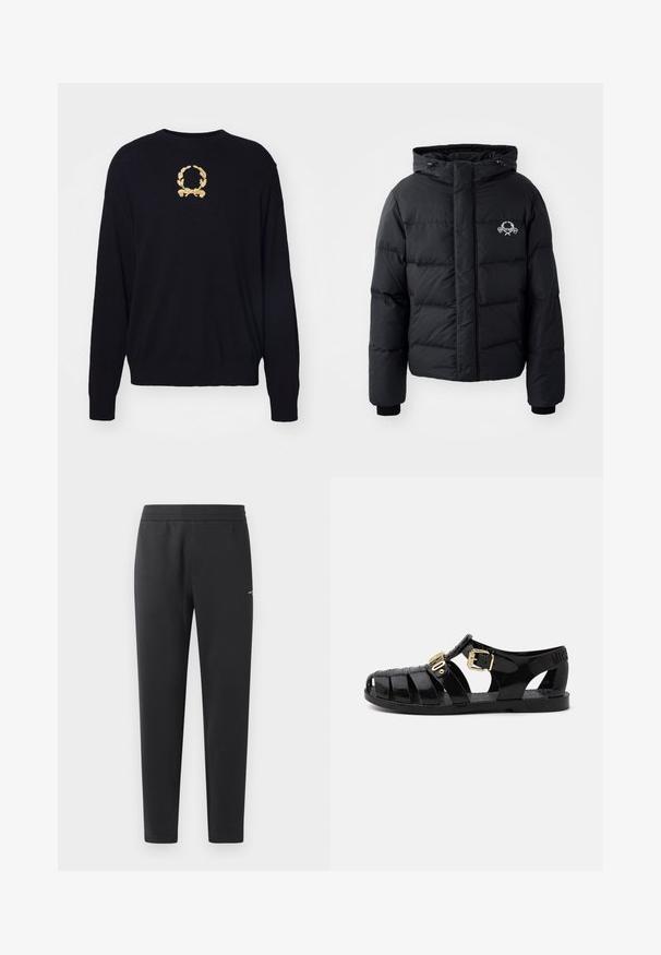Jachetă puffer neagră cu glugă, având un design matlasat, mansete elastice și un logo pe piept. Fabricată dintr-un material neted, rezistent la apă.; Pulover negru dintr-un material moale, prevăzut cu un design brodat cu lauri aurii pe piept și cu manșete și margini cu dungi.; Pantaloni de jogger negri, confecționați dintr-un material moale, cu un brâu elastic, picioare drepte și un detaliu mic cu logo pe lateral.; Sandale din cauciuc negru cu design perforat, dotate cu inchidere cu cataramă aurie și talpă interioară texturată. Logo ștanțat pe toc.