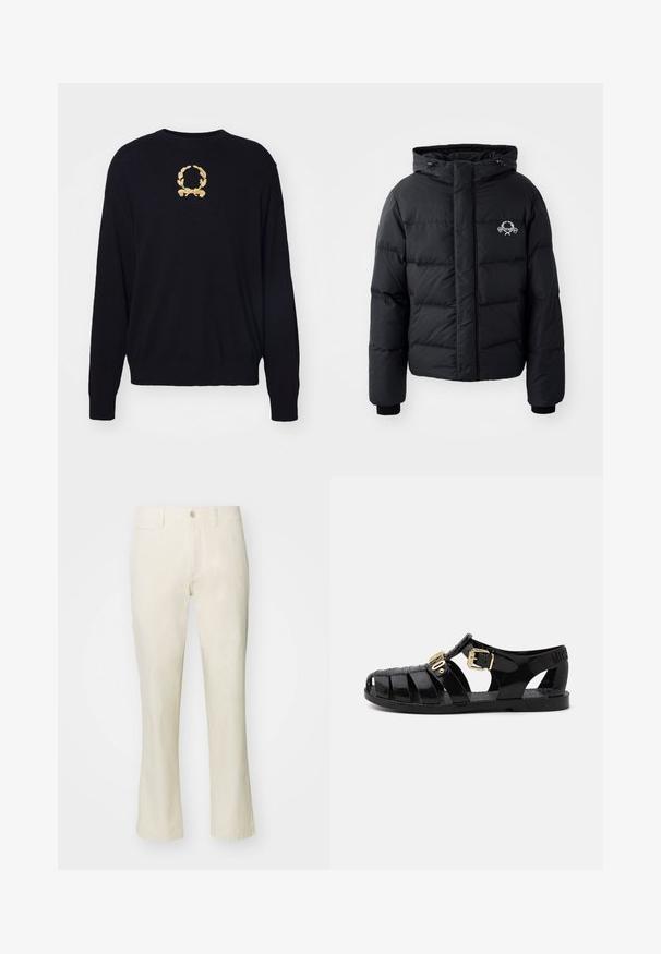 Fekete puffdzseki kapucnival, steppelt kialakítással, rugalmas mandzsettákkal és mellkasi logóval. Simább, vízálló anyagból készült.; Fekete pulóver puha anyagból, arany hímzett babérkoszorú mintával a mellrészen, bordás mandzsettákkal és aljjal.; Beige színű, egyenes lábú pamut nadrág, gombos záródással és oldalsó zsebbel. Simogató текстúra és egyszerű stílus.; Fekete gumiszandál, kivágott mintával, arany csatos záródással és texturált talppal. A saroknál bélyegzett logó.