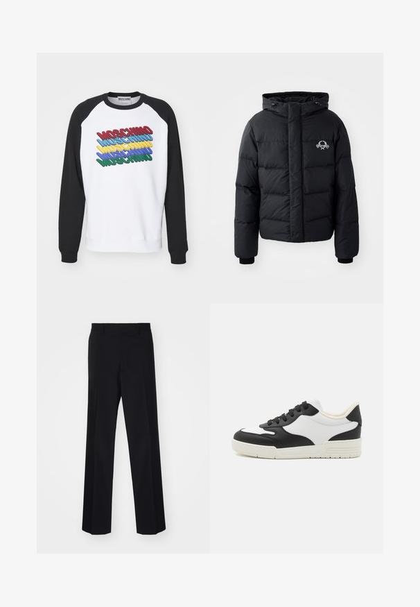 Giacca a vento nera con cappuccio, caratterizzata da un design trapuntato, polsini elastici e un logo sul petto. Realizzata in un materiale liscio e resistente all'acqua.; Felpa bianca con maniche raglan nere, caratterizzata da testo sovrapposto "MOSCHINO" in rosso, blu, giallo, verde e nero. Materiale in morbido cotone.; Pantaloni neri su misura con un design a gamba larga, caratterizzati da una texture liscia e pieghe nette, realizzati in un tessuto tessuto.; Sneaker bianco e nero con tomaia in pelle liscia, punta tonda e suola in gomma piatta. Presenta lacci neri e una morbida fodera interna.