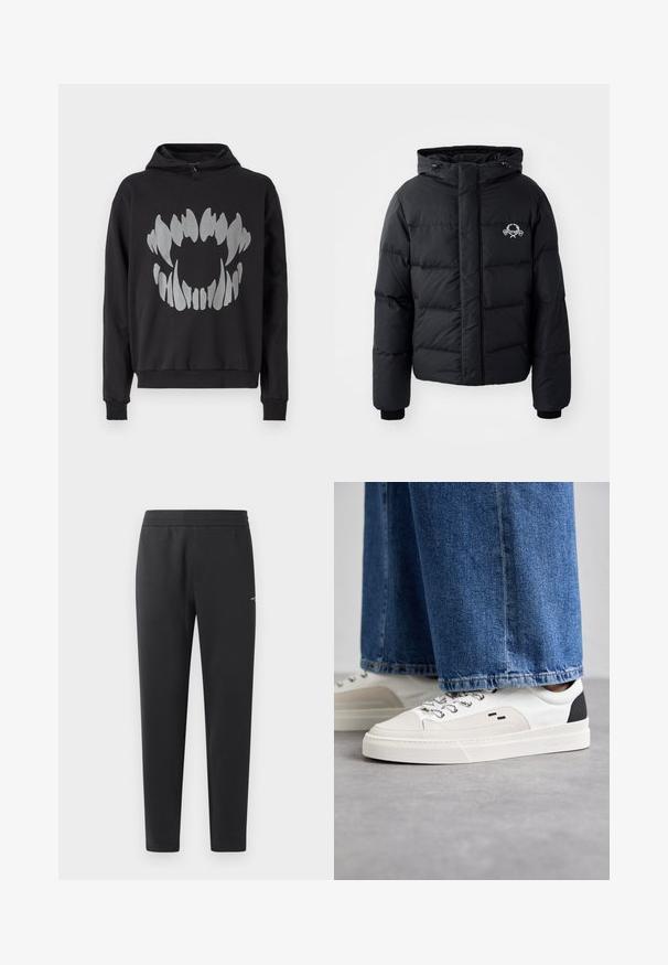 Must väljakutsete sätetele lõhelise disainiga must puhvrjakker, kapuutsiga, elastsete mansettidega ja rinnal logo. Valmistatud siledast, veekindlast materjalist.; Must mustaga tehtud pehmest kangast, mille esiküljel on suur hõbedane graafiline disain, mis meenutab abstraktseid hambaid. Reguleeritav kapuuts.; Mustad jogger pants pehmest kangast, millel on elastne vöökoht, sirged sääred ja üks väike logodetail küljel.; Valged ja mustad spordijalatsid sileda nahkpealise, tekstuursete aktsentidega ja paksu valge tallaga. Omab klassikalist nööbistamise disaini.