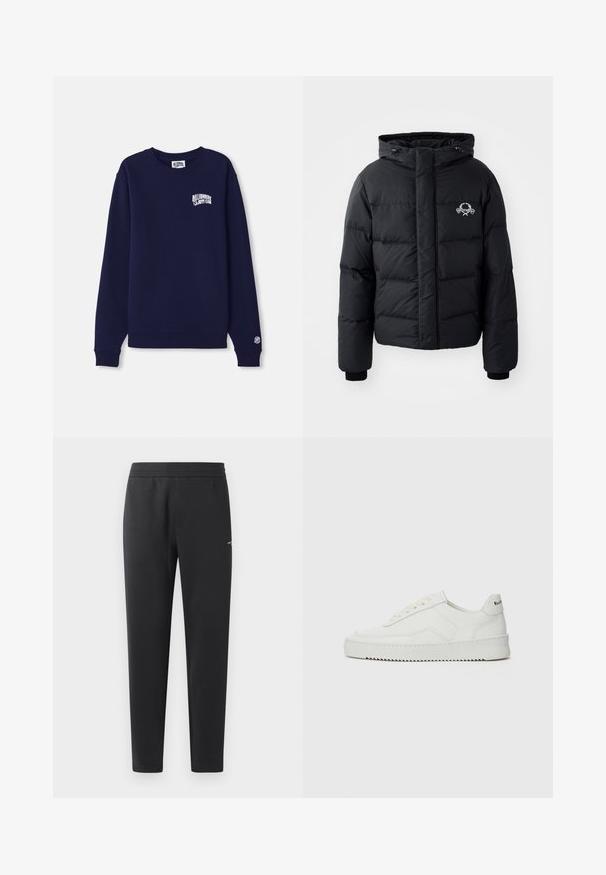 Černá péřová bunda s kapucí, s prošívaným vzorem, elastickými manžetami a logem na hrudi. Vyrobena z hladkého, vodoodpudivého materiálu.; Námořnická modrá mikina s kulatým výstřihem vyrobená z bavlny s malým bílým logem na hrudi a nášivkou loga na manžetě. Klasický střih, žebrovaný lem.; Černé joggingové kalhoty vyrobené z měkké tkaniny, s elastickým pasem, rovnými nohavicemi a malým logem na boku.; Bílé kožené tenisky s hladkým povrchem, kulatou špičkou, plochými tkaničkami a texturovanou podrážkou. Na patě se nachází nenápadné logo.