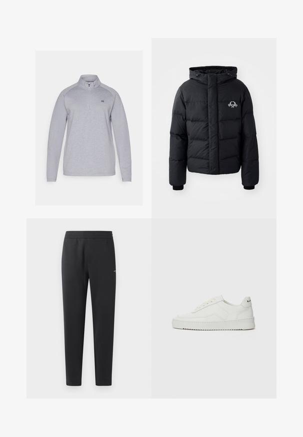 Black puffer jacket with a hood, featuring a quilted design, elastic cuffs, and a chest logo. Made of a smooth, water-resistant material.; Light gray pullover sweatshirt with a quarter-zip collar, long sleeves, and a subtle logo. Made from a soft, textured fabric.; Black jogger pants made of soft fabric, featuring an elastic waistband, straight legs, and a single small logo detail on the side.; White leather sneaker with a smooth finish, round toe, flat laces, and a textured sole. Features a subtle logo on the heel.