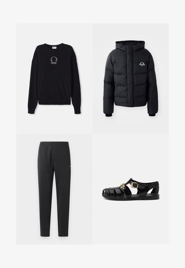 Black puffer jacket with a hood, featuring a quilted design, elastic cuffs, and a chest logo. Made of a smooth, water-resistant material.; Black sweater with a crew neck, long sleeves, and ribbed cuffs. Features a white embroidered wreath and bow design on the front.; Black jogger pants made of soft fabric, featuring an elastic waistband, straight legs, and a single small logo detail on the side.; Black rubber sandals with cut-out design, featuring a gold buckle closure and textured insole. Stamped logo on the heel.