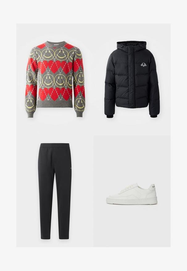 Black puffer jacket with a hood, featuring a quilted design, elastic cuffs, and a chest logo. Made of a smooth, water-resistant material.; Grey sweater with red hearts and yellow circular patterns, featuring white dashed lines in a diamond grid across the design.; Black jogger pants made of soft fabric, featuring an elastic waistband, straight legs, and a single small logo detail on the side.; White leather sneaker with a smooth finish, round toe, flat laces, and a textured sole. Features a subtle logo on the heel.