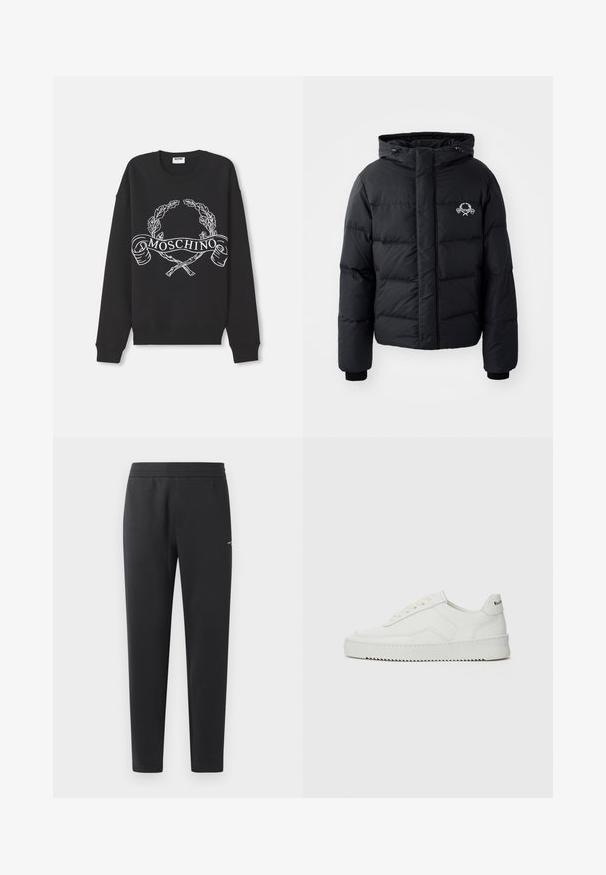 Czarna kurtka puchowa z kapturem, z pikowanym wzorem, elastycznymi mankietami i logo na piersi. Wykonana z gładkiego, wodoodpornego materiału.; Czarny sweter z okrągłym dekoltem z białym wzorem wawrzynowego wieńca i skrzyżowanych gałązek, z banerem tekstowym "MOSCHINO" na przodzie.; Czarne spodnie dresowe z miękkiego materiału, z elastycznym paskiem, prostymi nogawkami oraz małym logo z boku.; Białe skórzane sneakersy o gładkim wykończeniu, okrągłym nosku, płaskich sznurówkach i teksturowanej podeszwie. Charakteryzują się delikatnym logo na pięcie.