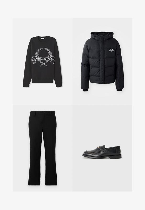 Melnā puffer jaka ar kapuci, ar kvadrātveida dizainu, elastīgiem piedurkņu galiem un krūšu logotipu. Izgatavota no gludas, ūdensizturīgas materiāla.; Melna džemperis ar apaļu kakla izgriezumu, ar baltu lauru vītu un krustenisku nūju dizainu, un "MOSCHINO" tekstu, kas izvietots priekšpusē.; Melni plati bikses, izgatavotas no kokvilnas sajaukuma auduma, ar pogu aizdari, jostas cilpām un gludu tekstūru, bez redzamām rakstām.; Melnā ādas mokasīni ir ar noapaļotu purngalu, šūšanas detaļām un nelielu zelta akcentu priekšpusē. Zole ir plaka un diskrēta.
