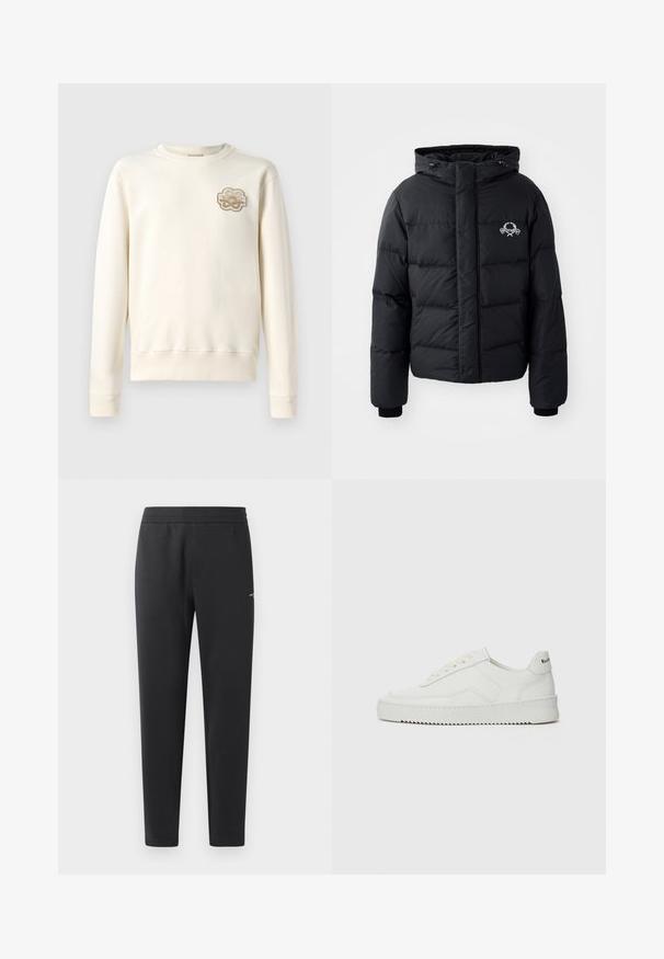 Fekete puffdzseki kapucnival, steppelt kialakítással, rugalmas mandzsettákkal és mellkasi logóval. Simább, vízálló anyagból készült.; Világos bézs színű, kerek nyakú pulóver, hosszú ujja van és bordázott mandzsettái. A bal mellrészen díszítő hímzett folt található.; Fekete sportnadrág puha anyagból, rugalmas derékpánttal, egyenes szárakkal és egy kis logó részlettel az oldalán.; Fehér bőr sportcipő sima felülettel, kerek orral, lapos fűzőkkel és texturált talppal. Finom logó található a sarokon.