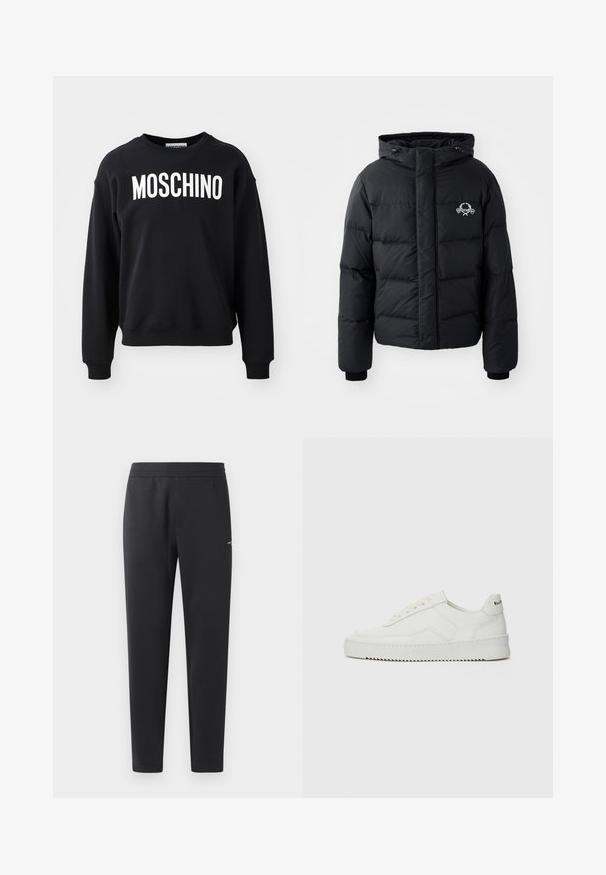 Čierna prešívaná bunda s kapucňou, ktorá má elastické manžety a logo na hrudníku. Vyrobená z hladkého, vodoodolného materiálu.; Čierna mikina vyrobená z mäkkého materiálu s okrúhlym výstrihom a rebrovanými manžetami. Výrazné biele logo "MOSCHINO" na prednej strane.; Čierne joggingové nohavice z mäkkej tkaniny, s elastickým pásom, rovnými nohavicami a malým logom na boku.; Biele kožené tenisky s hladkým povrchom, okrúly špičkový dizajn, ploché šnúrky a textúrovaná podrážka. Obsahujú jemné logo na päte.