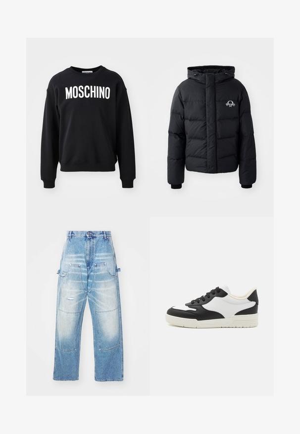 Černá péřová bunda s kapucí, s prošívaným vzorem, elastickými manžetami a logem na hrudi. Vyrobena z hladkého, vodoodpudivého materiálu.; Černá mikina vyrobená z měkkého materiálu, s kulatým výstřihem a žebrovanými manžetami. Výrazné bílé logo "MOSCHINO" na přední straně.; Světle modré džíny s volným střihem, obsahující několik kapes, distressed detaily a vybledlý vzhled. Rovný střih nohavic.; Černobílé tenisky s hladkým koženým svrškem, zaoblenou špičkou a plochou gumovou podrážkou. Mají černé šněrování a měkkou vnitřní podšívku.