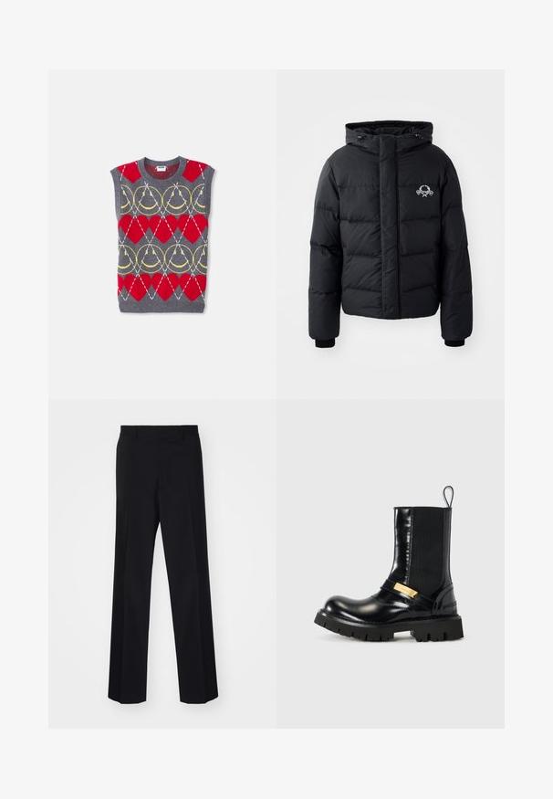 Mustan pusakkatakin, jossa on huppu, tikattu muotoilu, joustavat hihansuut ja rintalogo. Valmistettu sileästä, vettä hylkivästä materiaalista.; Hihaton harmaa neuleliivi, jossa on punaisia sydämiä, keltaisia ketjuja ja valkoisia vinoja viivoja toistuvassa kuosissa, merkitty Moschinoksi.; Musta räätälöity lahje leveällä leikkauksella, jossa on sileä pinta ja terävät taitteet, valmistettu kudotusta kankaasta.; Musta nahkasaapas nilkkoihin, jossa on joustavat sivupaneelit, kultainen yksityiskohta vyö ja tukeva musta kumipohja. Suora pinta ja pyöristetty nenä.