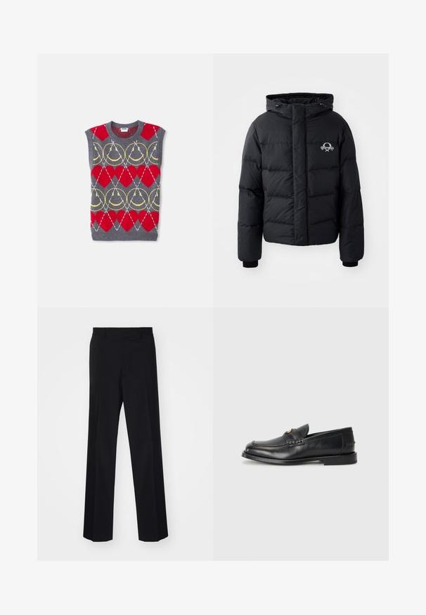 Black puffer jacket with a hood, featuring a quilted design, elastic cuffs, and a chest logo. Made of a smooth, water-resistant material.; Sleeveless grey knit vest with red hearts, yellow chains, and white diagonal lines in a repeating pattern, labeled Moschino.; Black tailored trousers with a wide-leg design, featuring a smooth texture and sharp creases, made from a woven fabric.; Black leather loafers feature a rounded toe, stitched detailing, and a small gold accent on the front. The sole is flat and discreet.