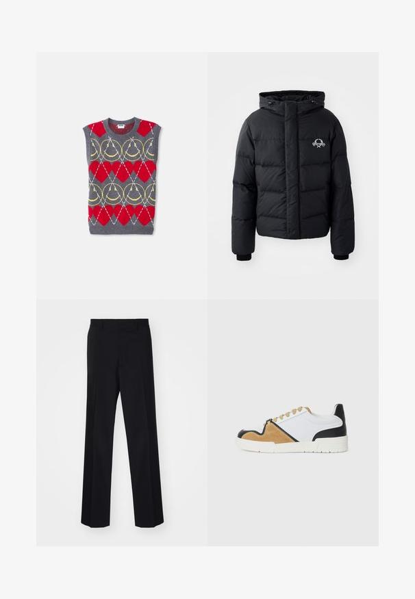 Jachetă puffer neagră cu glugă, având un design matlasat, mansete elastice și un logo pe piept. Fabricată dintr-un material neted, rezistent la apă.; Vest gri din tricot fără mâneci cu inimi roșii, lanțuri galbene și linii diagonale albe într-un model repetitiv, etichetat Moschino.; Pantaloni negri, croiți pe baza unei linii elegante, cu un design cu picioare largi, având o textură netedă și pliuri bine definite, fabricați dintr-un material țesut.; Tenisi din țesătură albă, cu accente din suede bej și piele neagră, având un vârf rotund, un design cu șireturi plate și o talpă texturată.