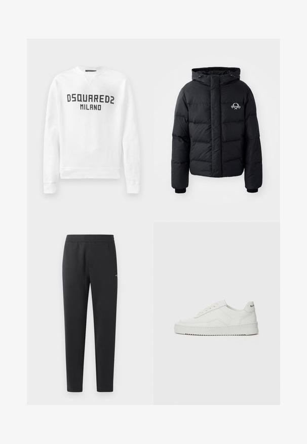 Zwarte pufferjack met een capuchon, voorzien van een gewatteerd ontwerp, elastische manchetten en een logo op de borst. Gemaakt van een glad, waterafstotend materiaal.; Witte sweatshirt van zacht materiaal met een ronde hals, lange mouwen en een zwart "DSQUARED2 MILANO" logo op de voorkant.; Zwarte joggingsbroek gemaakt van zachte stof, met een elastische tailleband, rechte pijpen en een klein logo detail aan de zijkant.; Witte leren sneaker met een gladde afwerking, ronde neus, platte veters en een gestructureerde zool. Kenmerkt zich door een subtiel logo op de hiel.