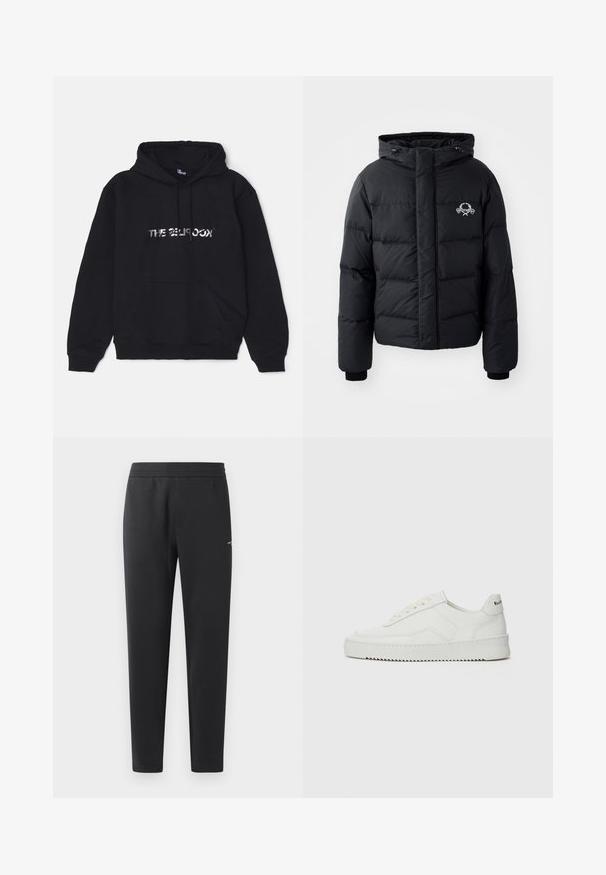 Schwarze Puffjacke mit Kapuze, ausgestattet mit einem gesteppten Design, elastischen Bündchen und einem Brustlogo. Hergestellt aus einem glatten, wasserabweisenden Material.; Schwarzer Hoodie aus weichem, dickem Stoff. Verfügt über eine Fronttasche, Kapuze mit Kordelzug und metallisches Logo in der Mitte.; Schwarze Jogginghosen aus weichem Stoff, mit einem elastischen Bund, geraden Beinen und einem kleinen Logodetail an der Seite.; Weiße Ledersneaker mit glatter Oberfläche, runder Zehenpartie, flachen Schnürsenkeln und strukturiertem Sohlenprofil. Mit einem dezenten Logo an der Ferse.