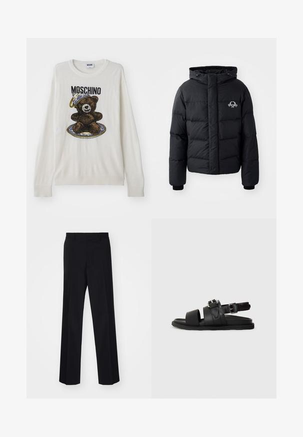 Black puffer jacket with a hood, featuring a quilted design, elastic cuffs, and a chest logo. Made of a smooth, water-resistant material.; White knit sweater featuring a bear graphic with a hat and plate, black and brown detailing, and ribbed cuffs and hem. Moschino label visible.; Black tailored trousers with a wide-leg design, featuring a smooth texture and sharp creases, made from a woven fabric.; Black leather sandal featuring two wide straps and an adjustable ankle strap with a buckle. Flat sole with a textured edge.