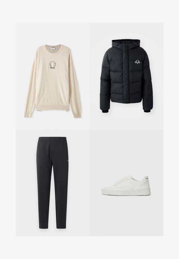 Fekete puffdzseki kapucnival, steppelt kialakítással, rugalmas mandzsettákkal és mellkasi logóval. Simább, vízálló anyagból készült.; Beige kötött pulóver bordás szegéllyel és mandzsettával, középen hímzett köralakú babérlevél mintával. Kerek nyakú fazon.; Fekete sportnadrág puha anyagból, rugalmas derékpánttal, egyenes szárakkal és egy kis logó részlettel az oldalán.; Fehér bőr sportcipő sima felülettel, kerek orral, lapos fűzőkkel és texturált talppal. Finom logó található a sarokon.