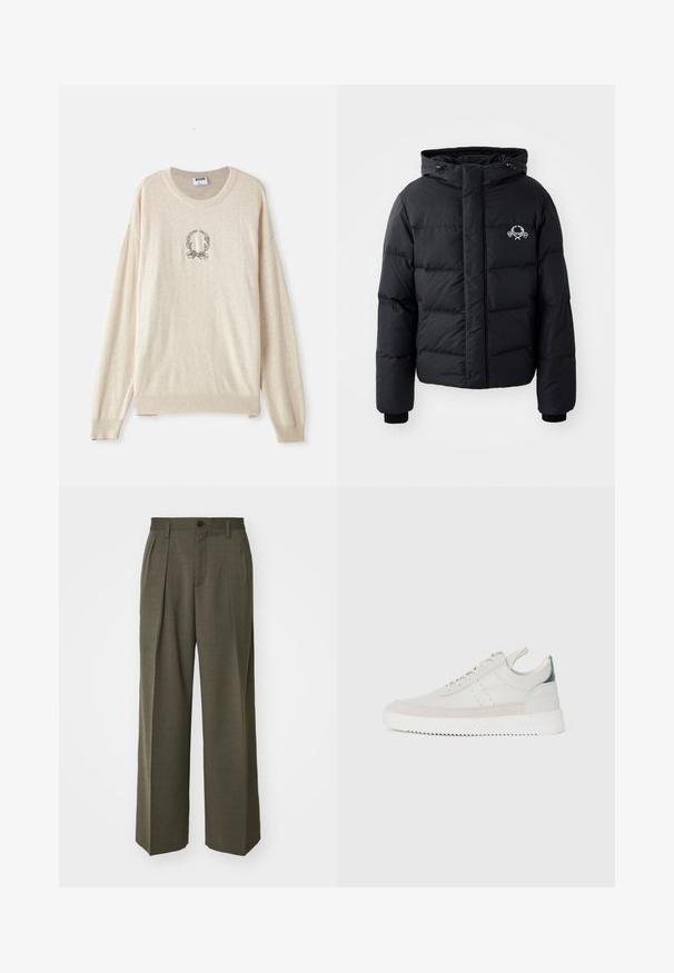 Melnā puffer jaka ar kapuci, ar kvadrātveida dizainu, elastīgiem piedurkņu galiem un krūšu logotipu. Izgatavota no gludas, ūdensizturīgas materiāla.; Beige adīta džemperis ar ribota apakšmalu un piedurknēm, centrā ir izšūts apaļš lauriņu motīvs. Ar apaļu kakla izgriezumu.; Filippa K WIDE TROUSERS - Auduma bikses - driftwood; Baltas ādas sporta apavi ar pelēka zamšādas akcentiem, saistoša dizaina, ar vilkšanas cilpu un teksturētu gumijas zoli, kas raksturojas ar zigzag rakstu.