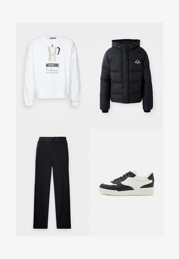 Black puffer jacket with a hood, featuring a quilted design, elastic cuffs, and a chest logo. Made of a smooth, water-resistant material.; White sweatshirt featuring a graphic of a moka pot and text "MOSCHINO Colazione Spring Summer 2025" in black. Round neckline, long sleeves.; Black trousers featuring a lightweight, textured fabric, straight-leg design, elastic waistband, and side zip pockets.; Black and white sneaker with a smooth leather upper, rounded toe, and flat rubber sole. Features black laces and soft inner lining.