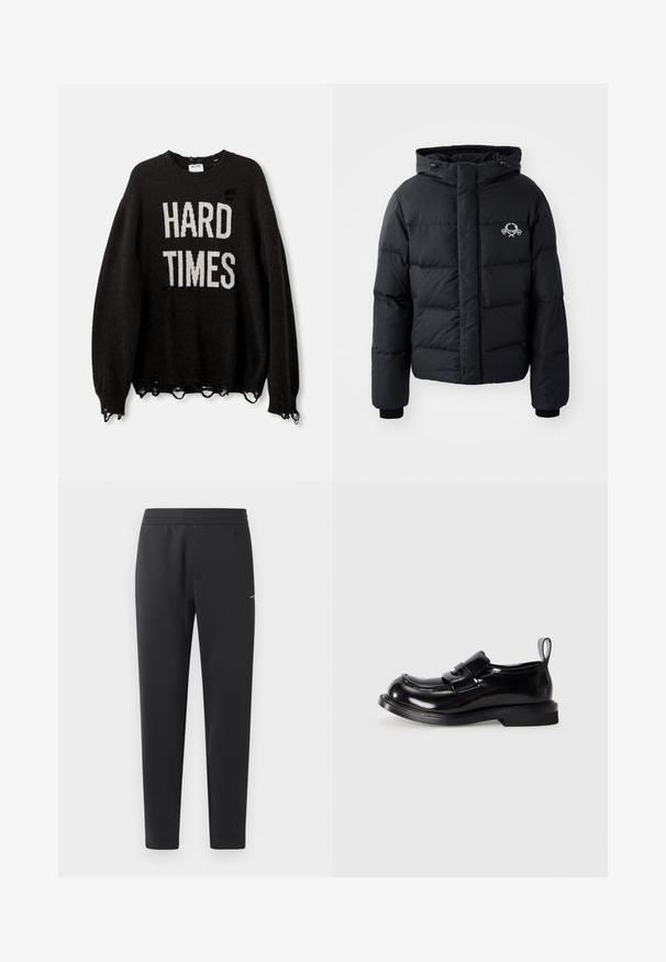 Must väljakutsete sätetele lõhelise disainiga must puhvrjakker, kapuutsiga, elastsete mansettidega ja rinnal logo. Valmistatud siledast, veekindlast materjalist.; Mustas soe jakk, millel on valged kirjasti "HARD TIMES", kulunud disain aukudega ja üle lõigatud servadega, soonikkoes mansetid ja kaelus.; Mustad jogger pants pehmest kangast, millel on elastne vöökoht, sirged sääred ja üks väike logodetail küljel.; Must musta nahkkingad paksu tallaga ja taga tõmbeansaga, eksponeeritud heleda ühtlase tausta ees, külgvaates.