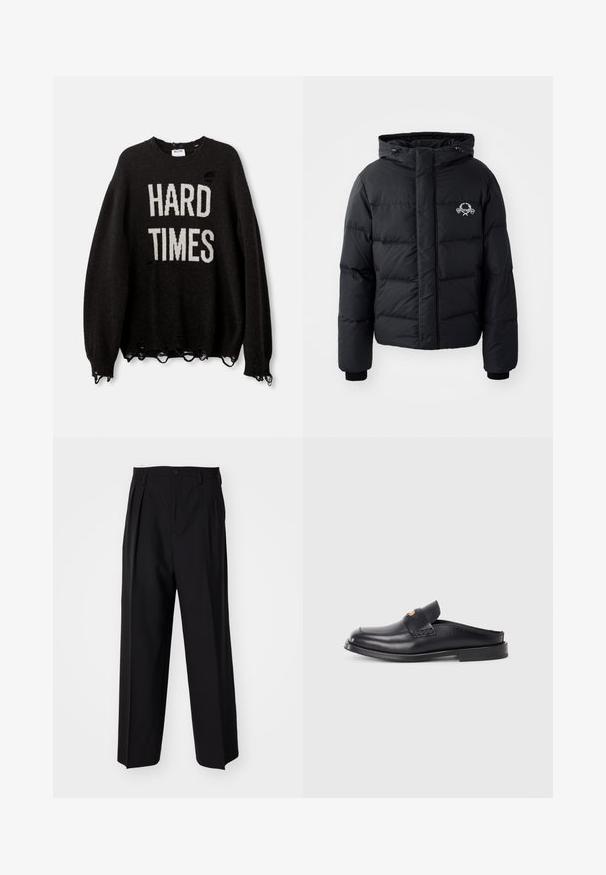 Černá péřová bunda s kapucí, s prošívaným vzorem, elastickými manžetami a logem na hrudi. Vyrobena z hladkého, vodoodpudivého materiálu.; Černý svetr s nápisem "HARD TIMES" v bílé barvě, se zkresleným designem s dírami a třepícími se okraji, vroubkovanými manžetami a výstřihem.; Černé skládací kalhoty s rovnými, širokými nohavicemi. Vyrobené z hladké tkaniny, se zapínáním na knoflík a poutky na opasek.; Černá kožená nazouvací bota s kulatou špičkou, nízkým podpatkem a tkaným designem na svršku. Disponuje minimalistickým stylem a hladkým povrchem.