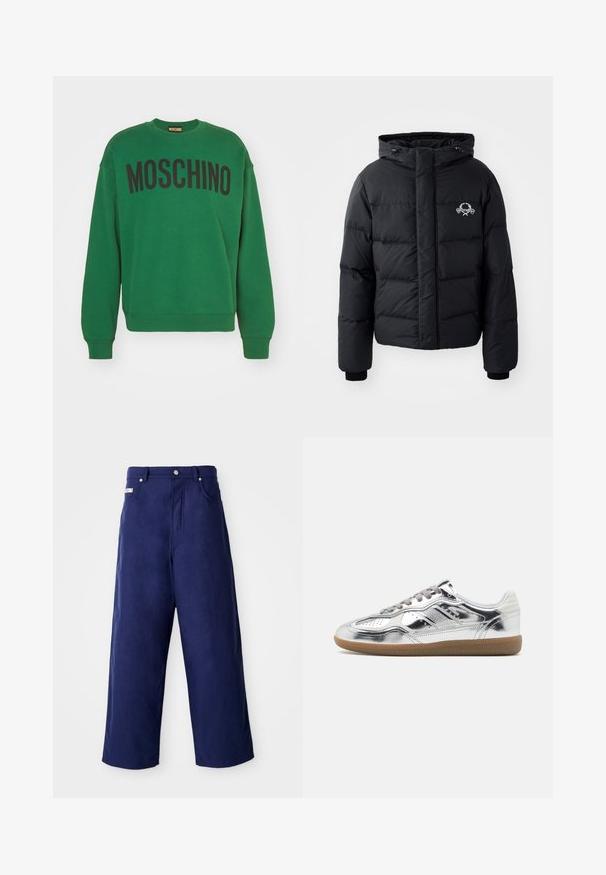 Melnā puffer jaka ar kapuci, ar kvadrātveida dizainu, elastīgiem piedurkņu galiem un krūšu logotipu. Izgatavota no gludas, ūdensizturīgas materiāla.; MOSCHINO FELPA - Ikdienas džemperis - verde; Gari pārslēgi tumši zilā krāsā, izgatavoti no mīkstas auduma. Ar pogu aizdari un priekšējām kabatām, ar tīru apdari un bez redzamām rakstu apdruku.; Sudraba metāla snekeri ar gludu tekstūru, pelēkiem šņorēm un gumijas zoli, kas akcentēta ar perforācijām purngala un sānu dizainā.
