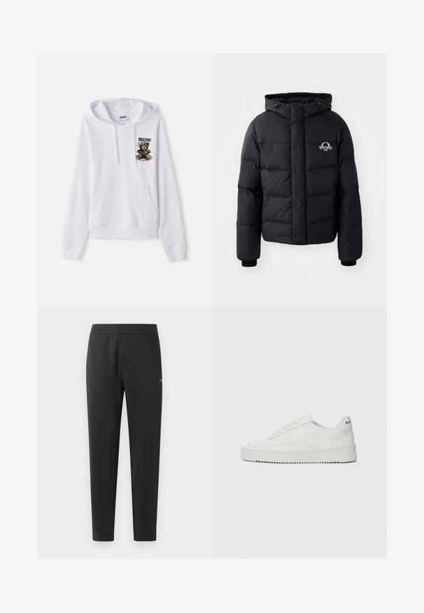 Fekete puffdzseki kapucnival, steppelt kialakítással, rugalmas mandzsettákkal és mellkasi logóval. Simább, vízálló anyagból készült.; Fehér kapucnis pulóver, elülső zsebbel, húzózsinóros kapucnival és egy medve grafikával, szöveggel. Puha anyagból készült, bordázott mandzsettákkal és szegéllyel rendelkezik.; Fekete sportnadrág puha anyagból, rugalmas derékpánttal, egyenes szárakkal és egy kis logó részlettel az oldalán.; Fehér bőr sportcipő sima felülettel, kerek orral, lapos fűzőkkel és texturált talppal. Finom logó található a sarokon.
