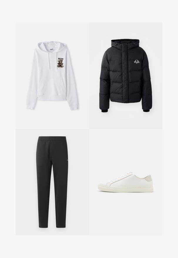 Black puffer jacket with a hood, featuring a quilted design, elastic cuffs, and a chest logo. Made of a smooth, water-resistant material.; White hoodie featuring a front pocket, drawstring hood, and a bear graphic with text. Made from soft fabric, it has ribbed cuffs and hem.; Black jogger pants made of soft fabric, featuring an elastic waistband, straight legs, and a single small logo detail on the side.; White leather sneaker with a smooth surface, round toe, and minimalistic design. Features beige accents on the heel and a rubber sole.